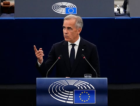 Prime Minister Mark Carney addresses the European Parliament in Strasbourg, France, on Thursday, Sept. 17, 2026.