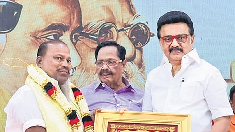M K Stalin during the party’s ‘Mupperum Vizha’ on Saturday