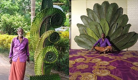 Ravindran with his artwork made out of coconut fronds.