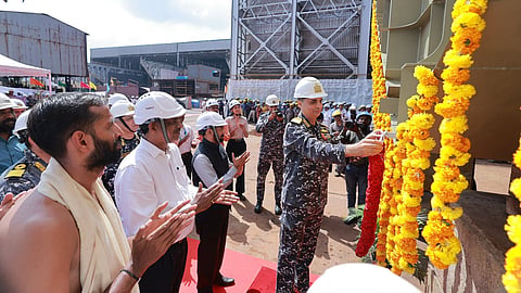 Controller of Warship Production and Acquisition at the Integrated Headquarters of Indian Navy, Vice Admiral Sanjay Sandhi laying the keel for the Next Generation Missile Vessel at a function held at Cochin Shipyard on Friday.