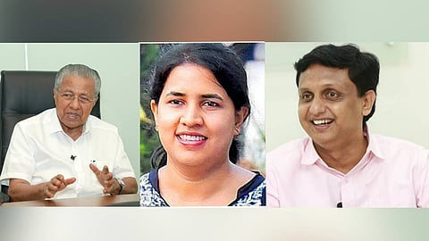 (L-R): Former chief minister Pinarayi Vijayan, his daughter Veena T and son-in-law P A Mohamed Riyas.
