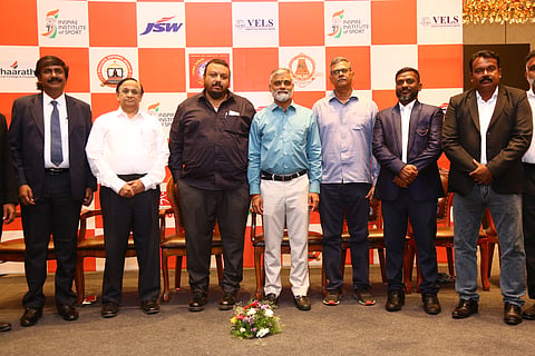 The newly elected dignitaries (From left): Mohith Suriya, Rama Subramaniyan, Krishnan, Vijaya Mohana Murali, NA Murali, CV Naveen Kumar, Marimuthu, Jayapal