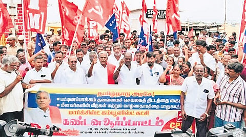 CPM cadre protesting at Pattinapakkam on Saturday against the plan to construct a new secretariat in the area