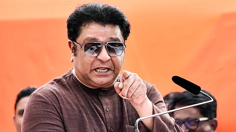 Navnirman Sena (MNS) Chief Raj Thackeray speaks during a party event in Mumbai.
