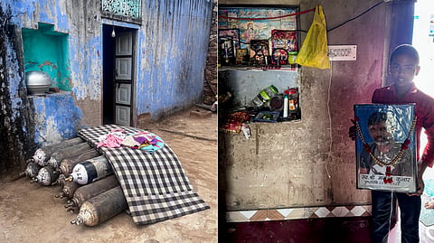 (L) Oxygen cylinders stacked at the house of Manisha, whose husband, Manjit, died from silicosis in Sikar's Syalodra village. (R) Pradeep with the photo of his father, Manoj, who died from silicosis in July, in Sikar's Syalodra village.