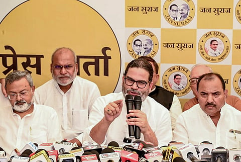 Jan Suraaj Party founder Prashant Kishor addresses a press conference regarding the upcoming Bihar Legislative Council elections, in Patna, Sunday, Sept. 20, 2026.