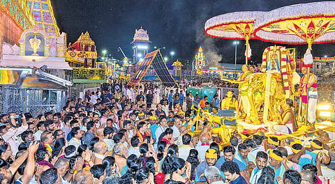 Lord Malayappa Swamy being taken out in a procession as part of the Gaja Vahana Seva in Tirumala on Sunday
