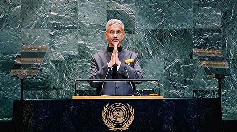 In this file photo from Sept. 28, 2025, External Affairs Minister S. Jaishankar greets the officials at the 80th Session of the UN General Assembly (UNGA 80) in New York.