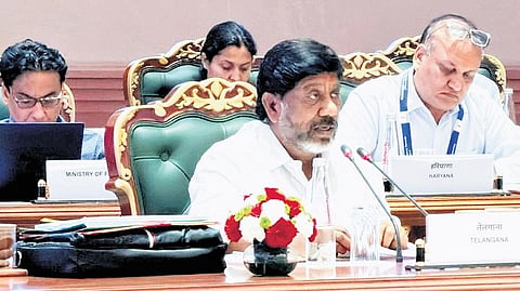 Deputy Chief Minister Bhatti Vikramarka speaking at a conference in New Delhi.