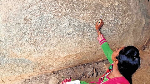 (From L) The inscription and the hill at Neelagund village in Gadag district