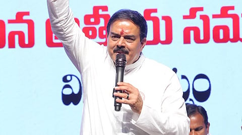 Janasena Party Political Affairs Committee chairman and Minister for Food and Civil Supplies Nadendla Manohar addressing a party meeting held in Visakhapatnam on Saturday.