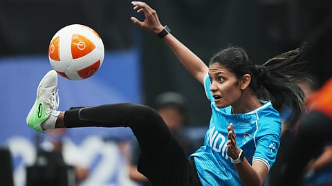 India's Quimcy Joaquim Dsouza kicks the ball during the women's singles bronze-medal teqball match against Japan's Yuina Sakamoto at the 20th Asian Games in Nagoya, Japan, Sunday, Sept. 20, 2026.