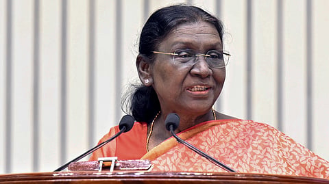 President Droupadi Murmu addresses the valedictory session of the International Conference on 'The Future of Environment and Climate Dynamics', organised by the National Green Tribunal, in New Delhi.