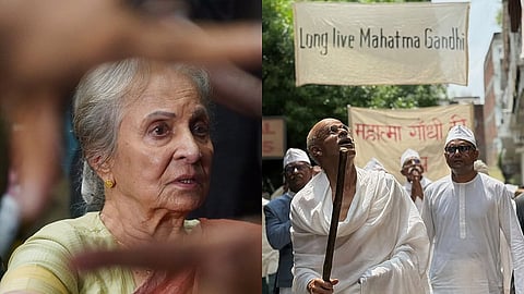 Waheeda Rehman (L), Manoj Bajpayee as Mahatma Gandhi