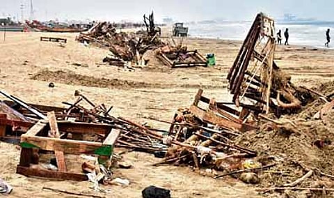 Wooden pallets seen abandoned at Nochikuppam in Chennai on Monday