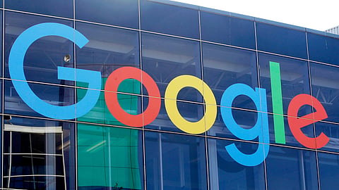 A sign is displayed on a Google building at their campus in Mountain View, Calif., Sept. 24, 2019.