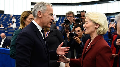 FILE- Canada's Prime Minister Mark Carney, front left, speaks with European Commission President Ursula von der Leyen at the European Parliament in Strasbourg, eastern France, Sept 17, 2026.
