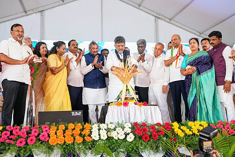 CM DK Shivakumar inaugurates a programme to discuss the Kasturirangan report with members of the public, including coffee growers, in Sakleshpur on Sunday