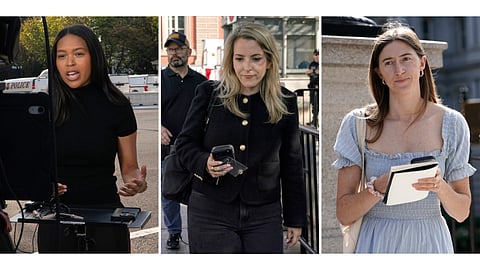 This combination of photos shows MS NOW White House reporter Akayla Gardne, from left, CNN Senior White House Reporter Betsy Klein and Politico White House reporter Cheyenne Haslett near the White House complex after all were denied entry to the White House and had credentials confiscated following President Donald Trump's ban on CNN, MS NOW and Politico, Saturday, Sept. 19, 2026, in Washington.