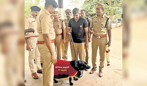 Sniffer dog Samantha, her handler George and District Police Chief R Anand.