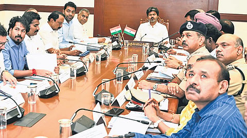 Chief Minister C Joseph Vijay with officials during the review meeting ahead of the northeast monsoon at the secretariat on Monday | Express