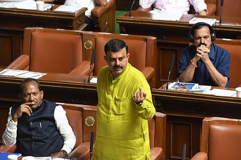 Karkala MLA Sunil Kumar of BJP makes a point in the Assembly on Monday
