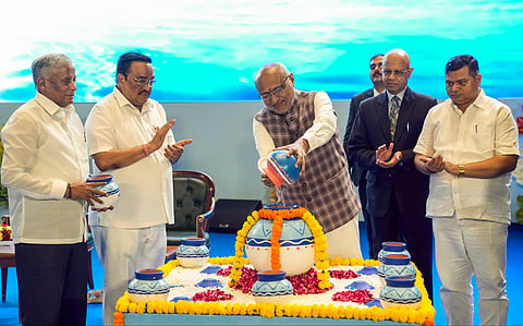 Vice President C.P. Radhakrishnan during the inauguration of the 9th India International Water Week–2026 at Bharat Mandapam, in New Delhi on Tuesday. Union Minister of Jal Shakti CR Paatil, Union MoS of Jal Shakti V. Somanna, Raj Bhushan Choudhary and others also present.