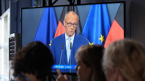 Chancellor Friedrich Merz (CDU) speaks at the Konrad Adenauer House following the elections in Berlin and Mecklenburg-Western Pomerania, in Berlin, Sunday, Sept. 20, 2026.
