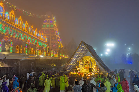 Despite heavy downpours and thunderstorms, the sacred Chandra Prabha Vahanam procession began precisely at 7 pm on Monday.