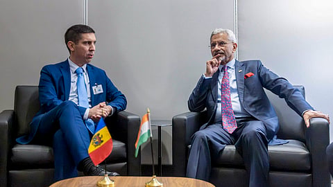 External Affairs Minister S Jaishankar, right, meets Moldova's Foreign Minister Mihai Popsoi on the sidelines of the 81st session of the United Nations General Assembly