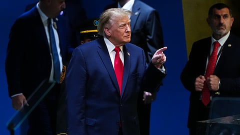 President Donald Trump points while arriving to speak to the United Nations General Assembly, Tuesday, Sept. 22, 2026, at the UN headquarters.