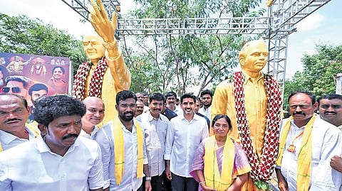 HRD and IT Minister Nara Lokesh inaugurated the statues of TDP founder and former CM N T Rama Rao and former minister Paritala Ravi in Raptadu