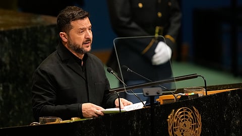 Ukraine's President Volodymyr Zelenskyy speaks during the 81st session of the United Nations General Assembly at United Nations headquarters, Wednesday, Sept. 23, 2026.