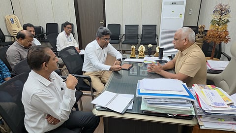 PWD and Fisheries Minister Malladi Krishna Rao chairing a meeting with officials at his chamber on Thursday.