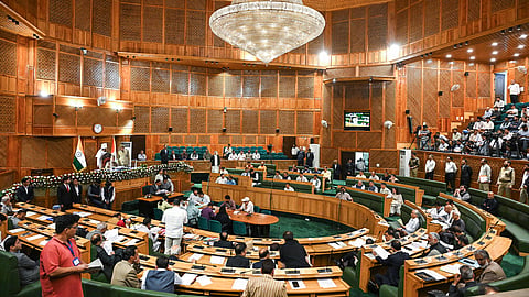 Jammu and Kashmir Assembly Speaker Abdul Rahim Rather conducts the proceedings during the autumn session, in Srinagar on Thursday.