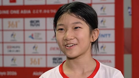 Kamus Wong, 12-year-old skateboarder from Hong Kong, speaks to the media in Nagoya, Japan, Thursday, Sept. 24, 2026.