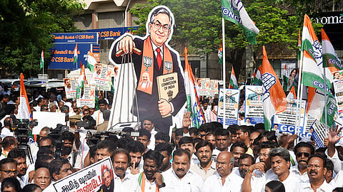 Tamil Nadu Congress Committee president Manickam Tagore leads a protest along with party leaders and workers