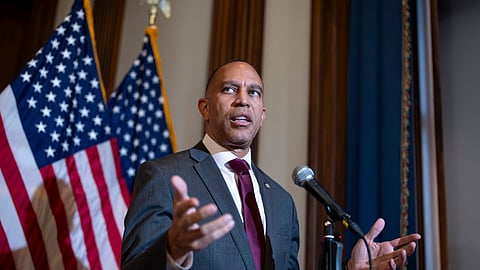 House Minority Leader Hakeem Jeffries, D-N.Y., talks about the policies of US President Donald Trump and Republican supporters in Congress as he holds a news conference at the Capitol in Washington, Wednesday, Sept. 23, 2026.