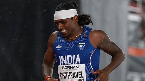 Praveen Chithravel reacts during the men's triple jump final