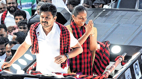 Udhayanidhi Stalin campaigning for the DMK’s bypoll candidate, S Suganya, at Dharapuram in Tiruppur on Saturday