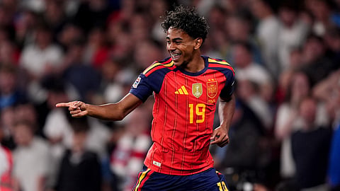 Spain's Lamine Yamal celebrates after scoring his side's first goal during the UEFA Nations League soccer match against England in London, Saturday Sept, 26, 2026.