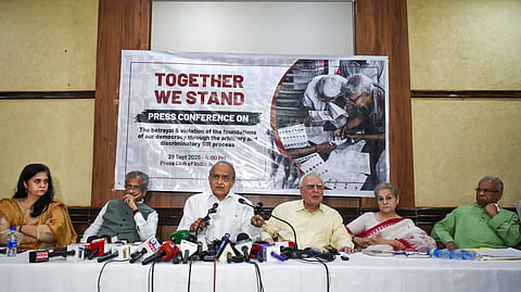 Rajya Sabha MP and senior advocate Kapil Sibal, advocate Prashant Bhushan, and others during a press conference on alleged irregularities in the SIR process in New Delhi, Monday, Sept. 28, 2026.