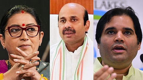 From left - BJP leaders , Smriti Irani, Harish Dwivedi, Varun Gandhi