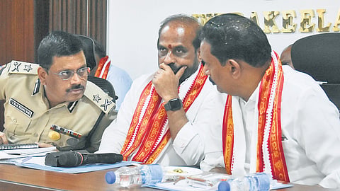 Health Minister Y Satya Kumar Yadav, MP K Sivanath & CP SV Rajashekar Babu at a review meeting on Dasara festivities at Kanaka Durga temple
