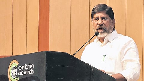Deputy Chief Minister Mallu Bhatti Vikramarka speaking at a Dalit-Adivasi Self-Respect Conference organised by the Congress SC and ST MPs Forum in New Delhi.