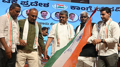 Congress leaders led by Karnataka Pradesh Congress Committee president BK Hariprasad, after announcing the decision to
launch ‘Bharat Jodo-2’ in Karnataka, at Bharat Jodo Bhavan in Bengaluru on Monday