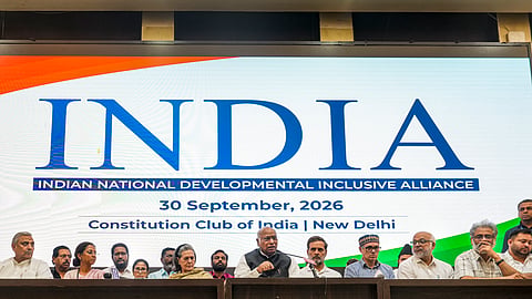 Congress President Mallikarjun Kharge, center, Parliamentary Party Chairperson Sonia Gandhi, Leader of Opposition in Lok Sabha Rahul Gandhi, NCP (SP) MP Supriya Sule, TMC supremo Mamata Banerjee, J&K CM Omar Abdullah, CPI(M) leader M.A. Baby, and other alliance leaders attend the INDIA bloc coordination meeting regarding Chief Election Commissioner Gyanesh Kumar and the Special Intensive Revision (SIR) exercise in New Delhi, Wednesday, Sept. 30, 2026.