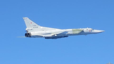 In this photo provided by the French Army on April 20, 2026, a Russian supersonic Tu-22M3 strategic bomber flies over the Baltic Sea.