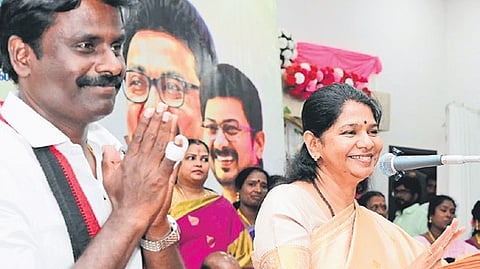 DMK deputy general secretary Kanimozhi during the campaign at Madurantakam for party candidate I Paranthamen on Wednesday.