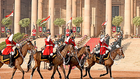 In this file photo from Feb. 16, 2026, a view of the Change of Guard Ceremony in the new format at the Forecourt of Rashtrapati Bhavan, in New Delhi